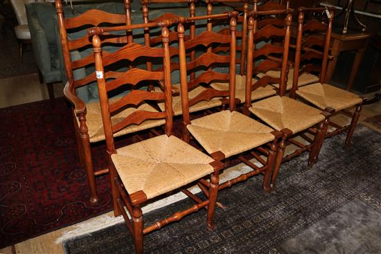 Set of 8 ash ladder-back rush seat chairs (6 + 2)